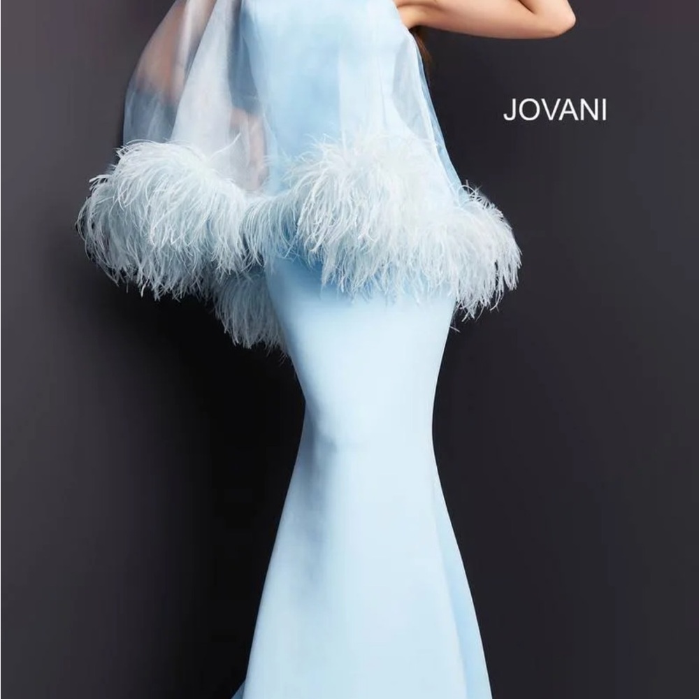Jovani Light Blue Feathered Evening Dress